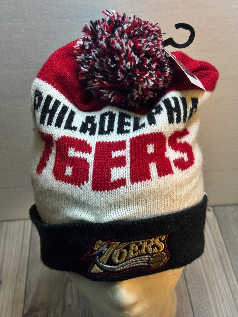 New Philadelphia 76ers Retro Logo ‘47 Brand Beanie w/pom Knit Red Black Hat - Picture 3 of 10